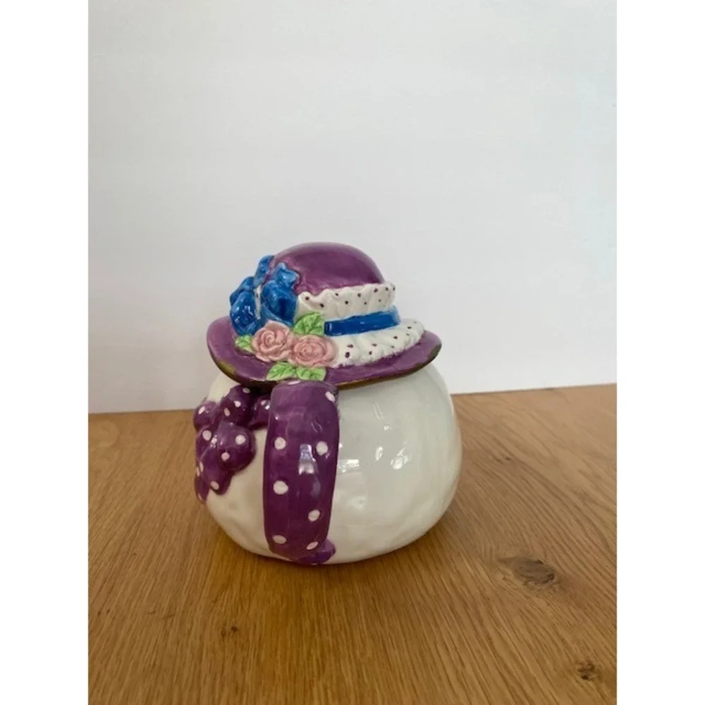 Bella Casa by Ganz Teapot Sun Hat Lid Purple Polka Dot Ribbon White Ceramic Good